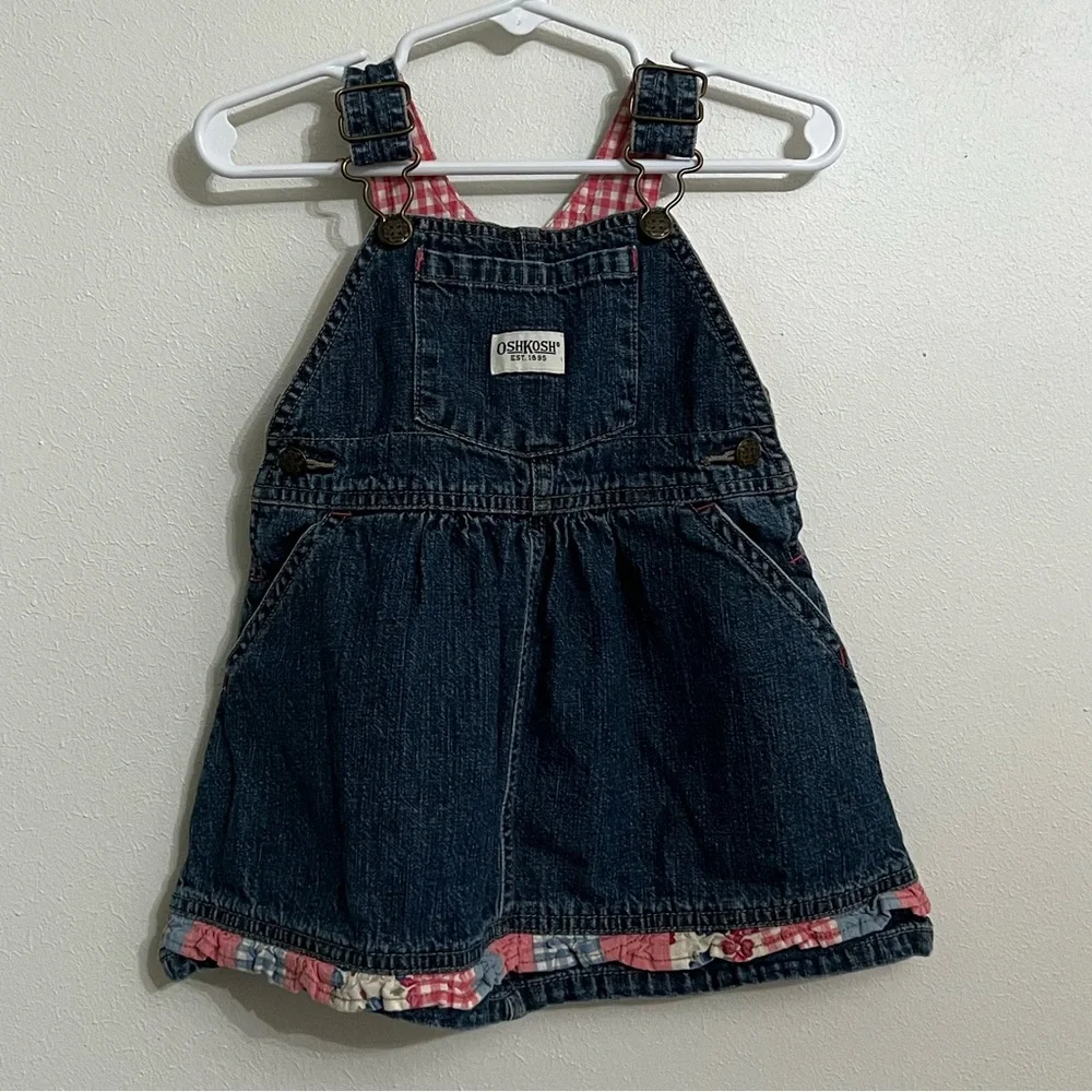 Vintage Y2K OshKosh B'gosh Denim Overall dress with Pink Gingham Lining